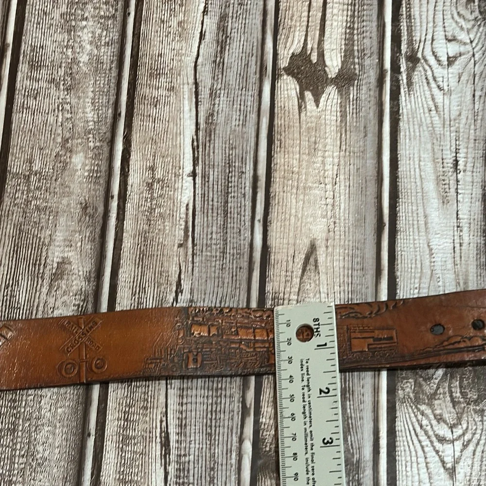 Bergamot Locomotive Vtg Brass Buckle Railfan Leather Tooled Belt 38-42 Unisex